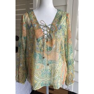 Zara‎ Women L Paisley Metlic Gold Boho Peasant Chiffon Sheer Blouse Lace Up Top